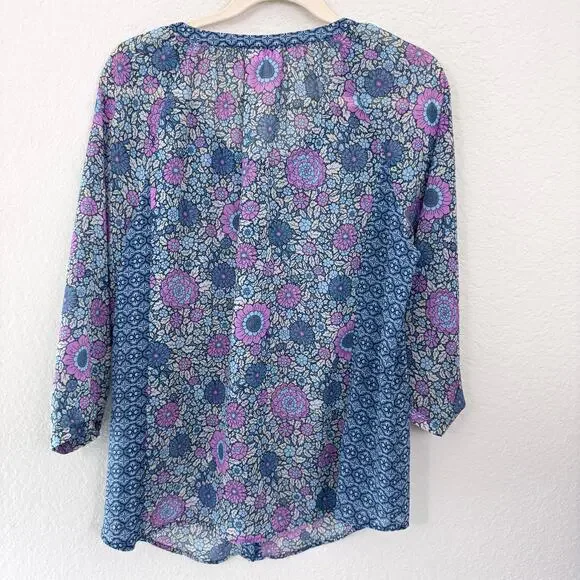 J. Jill Womens Blouse Top Size M Floral Flowy Sheer Boho Feminine Blue - Picture 3 of 8